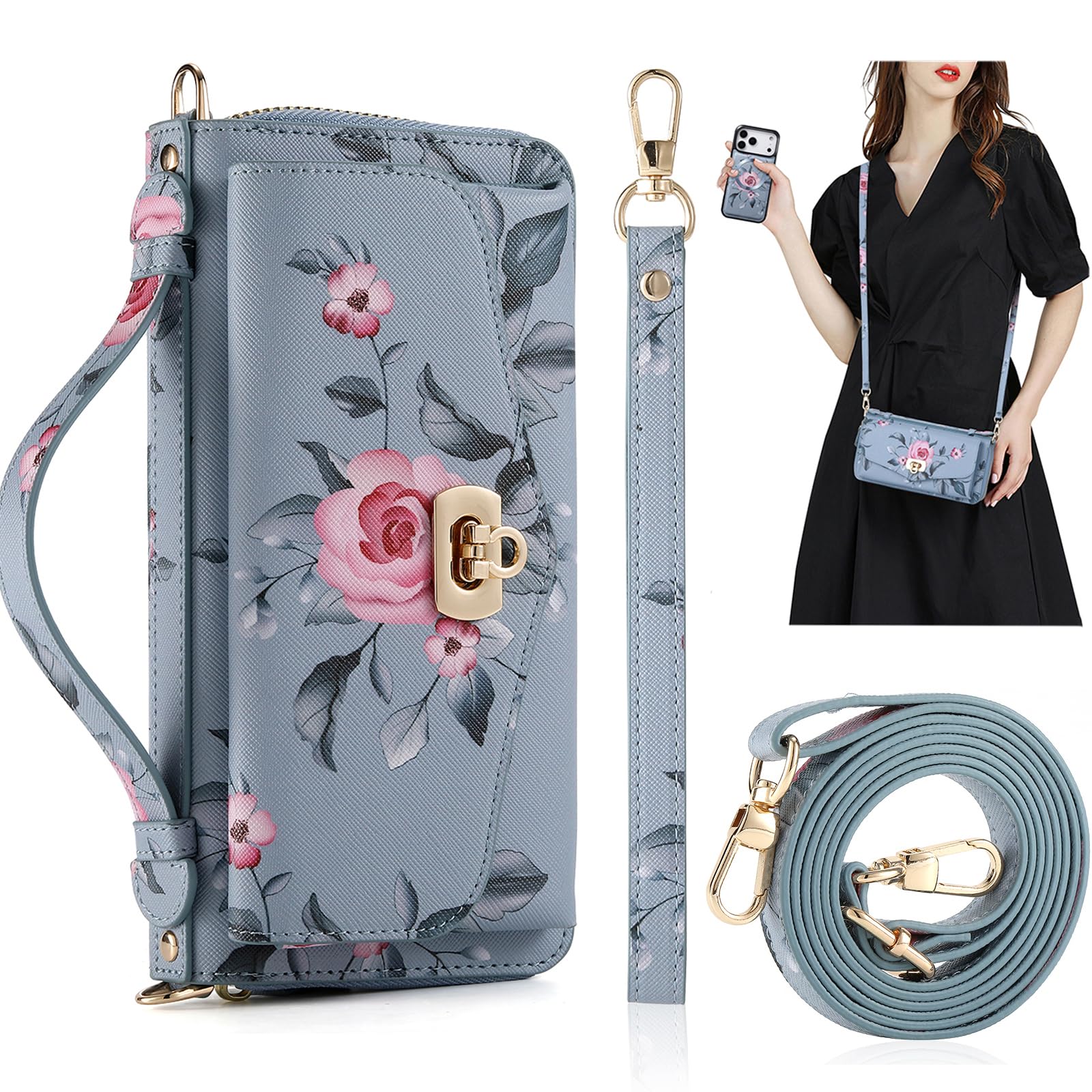 for iPhone 17 Pro Max Crossbody Detachable Wallet Case, Blue