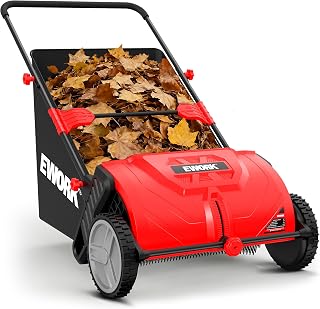 EWORK Push Lawn Sweeper 26-Inch with 3.5 cu.ft. Hopper Bag for Yard Clean | Sponge-Wrapped Handle, Tool-Less Adjustable Brush Height, Lightweight & Ergonomic Design, 5:1 Brush-to-Wheel Ratio for Garden