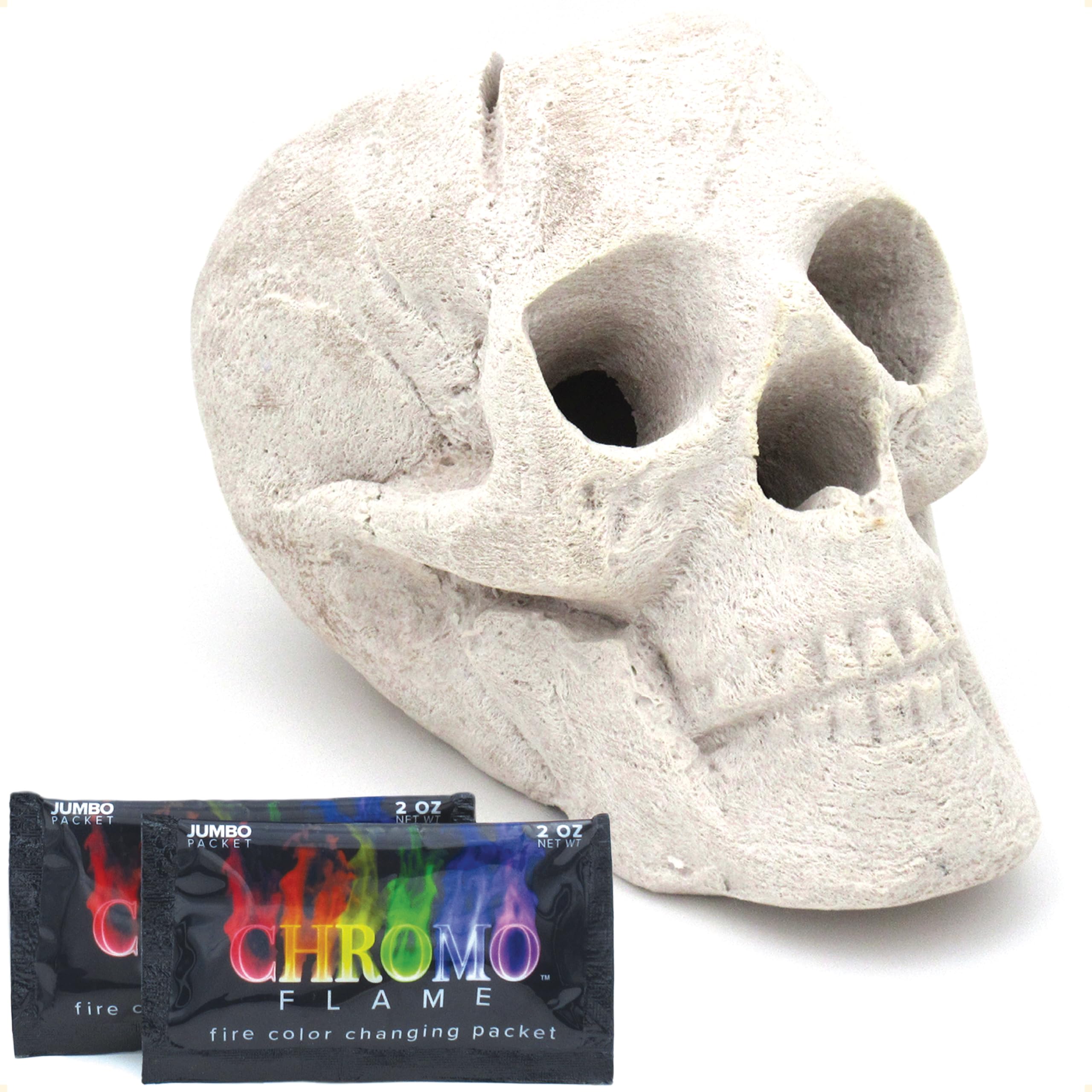OSKER Fire Pit Skull with Fire Color Changing Packets | Ceramic Fireproof Log fo