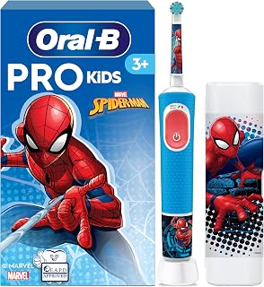 Oral-B Pro Kids Electric Toothbrush, 1 Toothbrush Head, x4 Spiderman Stickers, 1 Travel Case, 2 Modes with Kid-Friendly Sensitive Mode, For Ages 3+, 2 Pin UK Plug, Blue