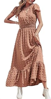 PRETTYGARDEN Womens Dresses 2025 Summer Maxi Dress Boho Short Sleeve V Neck Swiss Dot Ruffle Tiered Smocked Flowy Long Dress