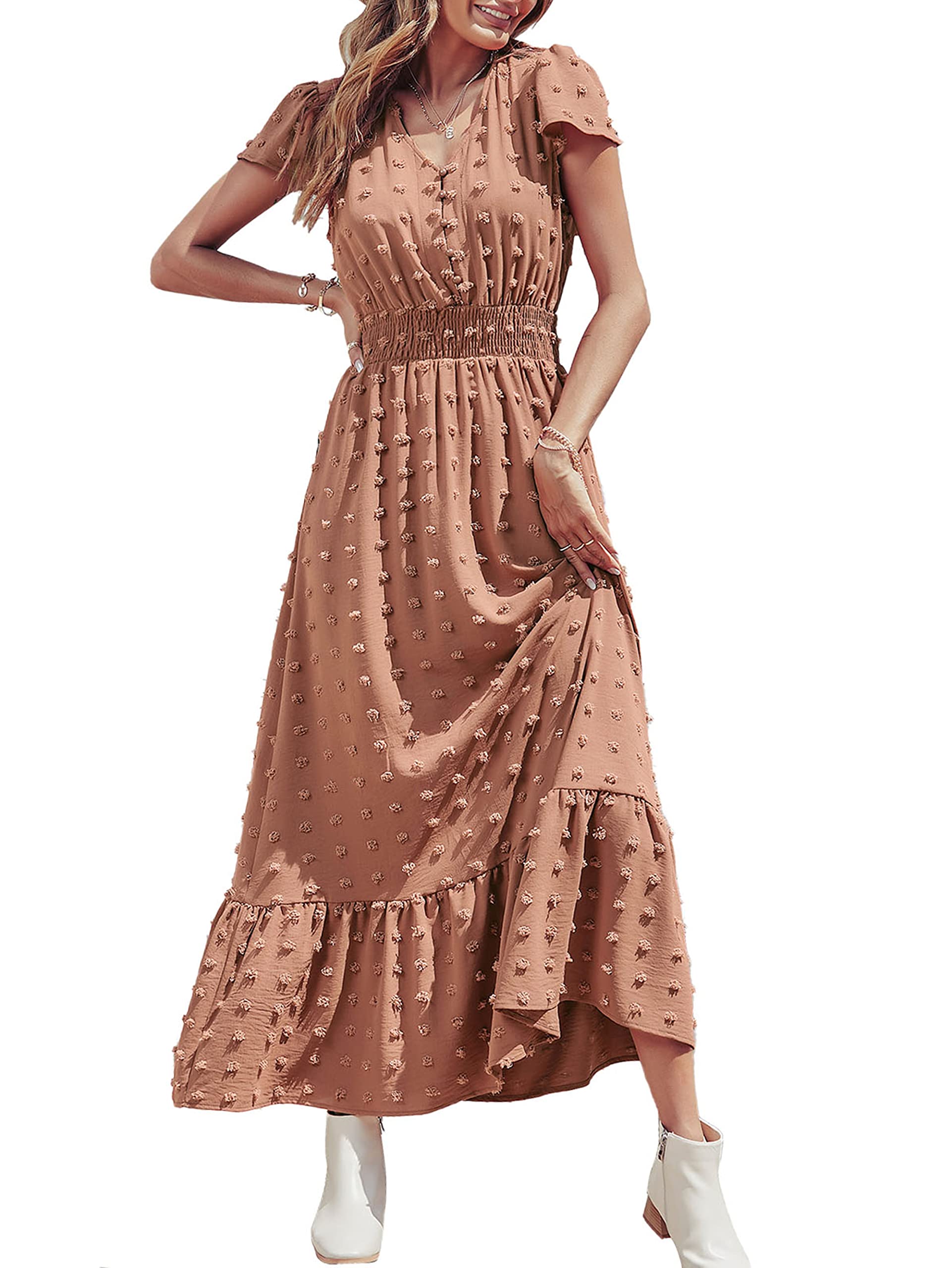 PRETTYGARDEN Womens Dresses 2025 Summer Maxi Dress Boho Short Sleeve V Neck Swis