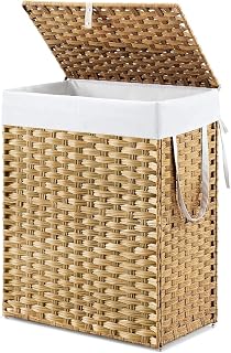 DUMOS Laundry Basket with Lid, 90L Wicker Laundry Hampers, Goose Yellow | 23.8 Gallon Woven Clothes Hamper with Side Handles, Removable Liner, Foldable Rattan Laundry Basket with Sturdy Steel Frame