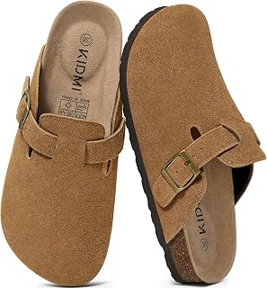 KIDMI Unisex Suede Clogs Cork Footbed Leather Mules Arch Support