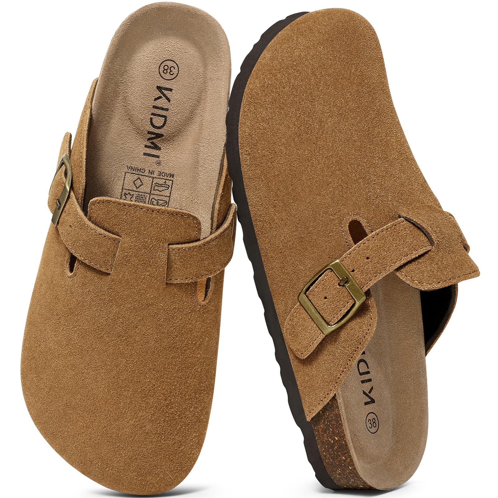 KIDMI Unisex Suede Clogs Cork Footbed Leather Mules Arch Support