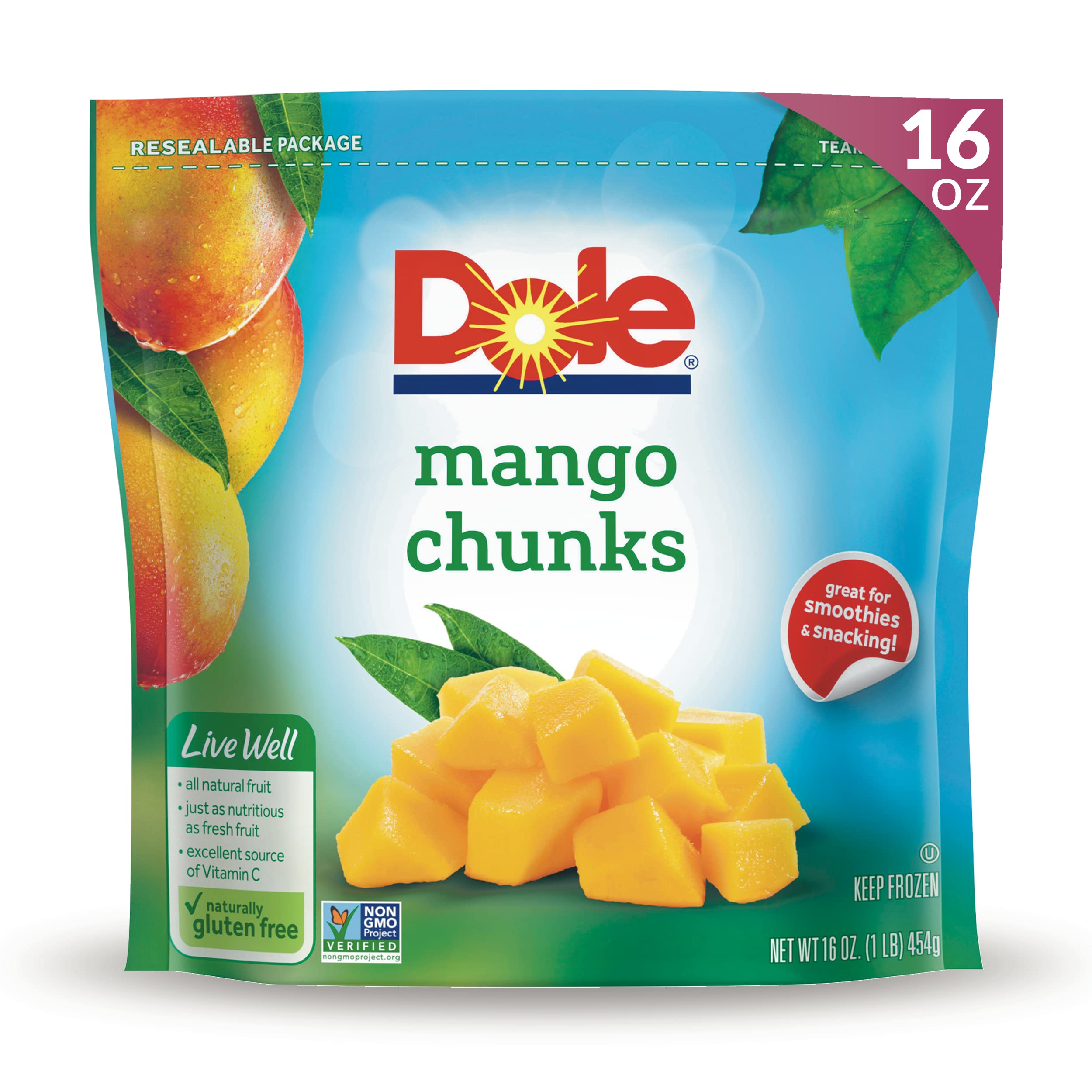 Dole Frozen Mango Chunks, 16 Oz Resealable Bag | Naturally Gluten Free Fruit, Gr