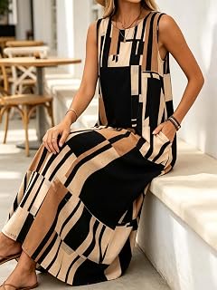 Women's Sleeveless, Round Neck, Loose-Fitting Maxi Dress, Red & Green Wavy Stripe Print, Bohemian Style