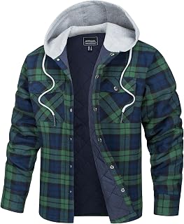 TACVASEN Men's Hooded Plaid Flannel Shacket Quilted Lined Warm Jacket