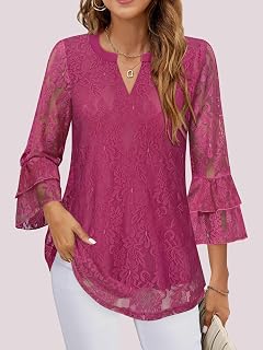 Women's Elegant Casual 3/4 Bell Sleeve Blouses Double Layer Mesh V-Neck Blouses S-XXL, red 1, L