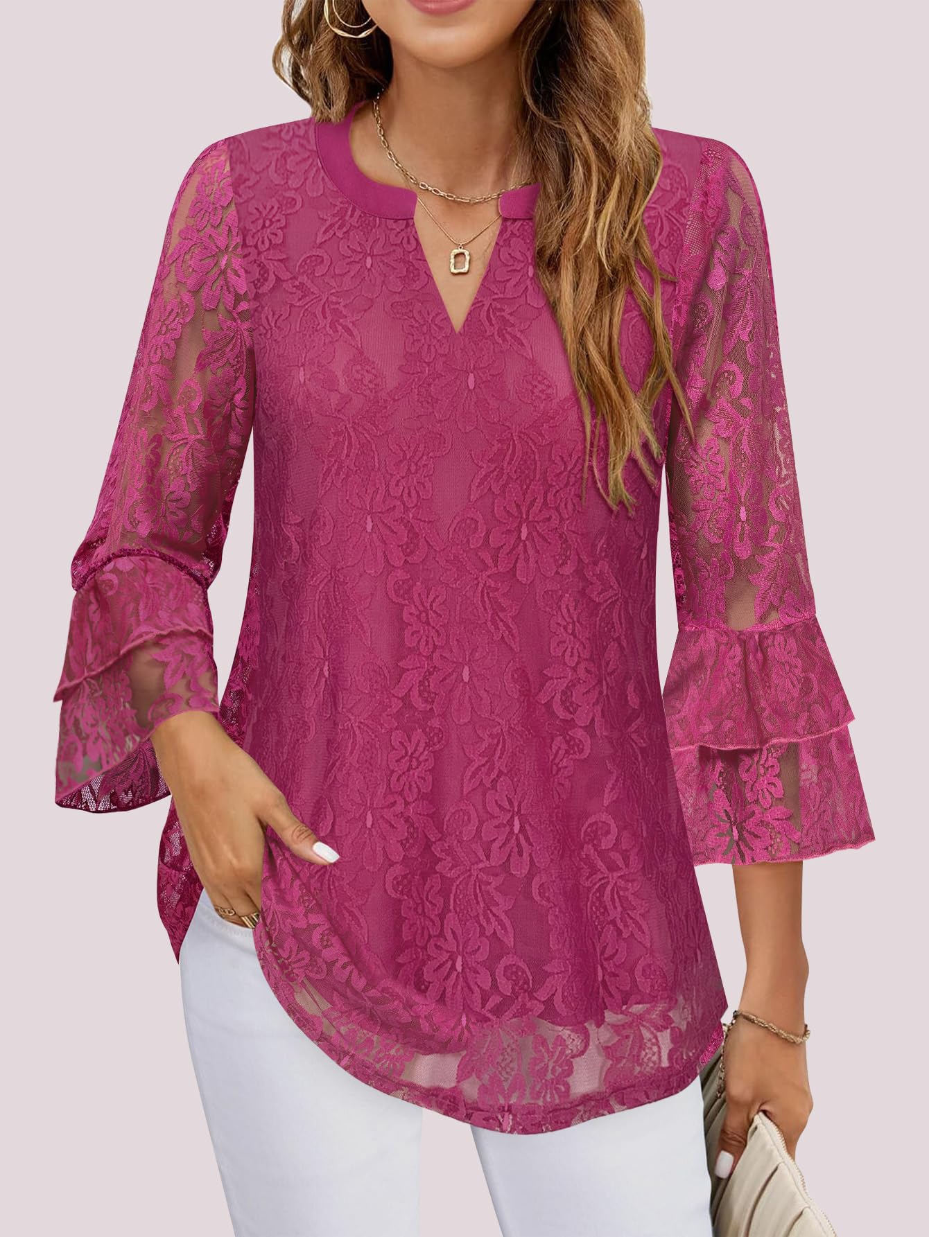 Women's Elegant Casual 3/4 Bell Sleeve Blouses Double Layer Mesh V-Neck Blouses 