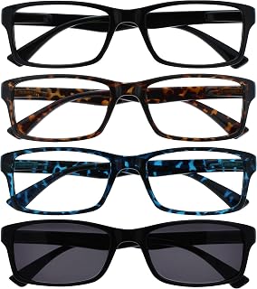 OPULIZE PEP Reading Glasses for Women Men, Large Rectangular Designer Frame with Spring Hinges, Scratch Resistant, Black, Brown, Blue, Black Sun +2.5 (Pack of 4)