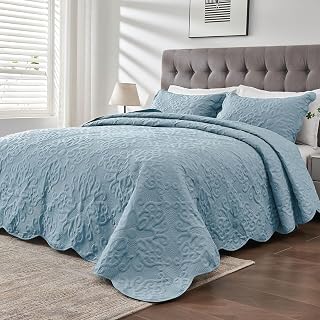 Kingnex Oversized King Bedspreads 128x120 Spa Blue | Lightweight, Extra Wide Quilt for Tall Split King or California King Bed, 3 Piece Quilted Coverlet Pillow Shams Set