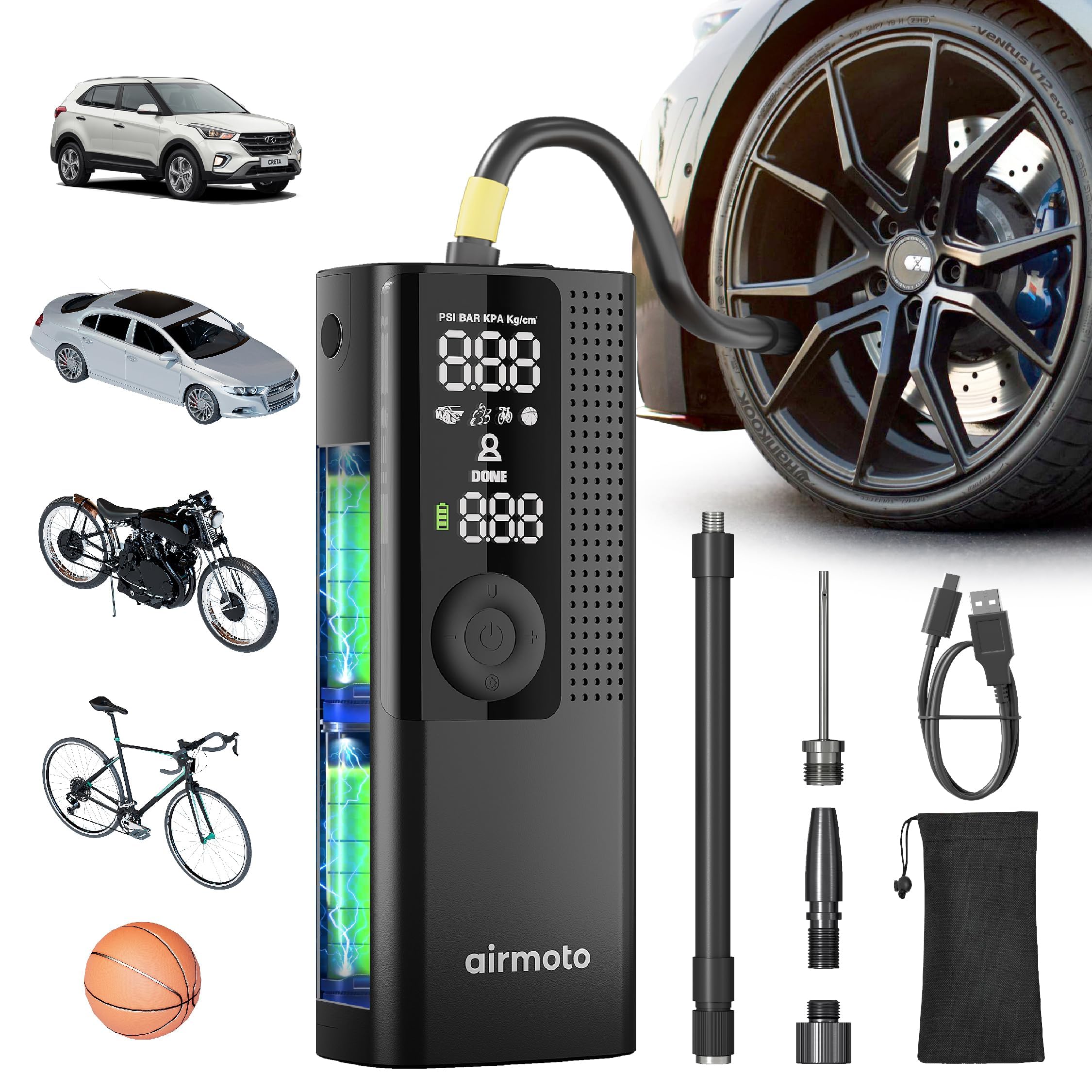 Airmoto Tire Inflator Portable Air Compressor for Cars, Bikes and Bicycles | Cor