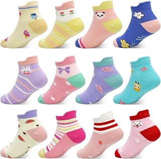GRPSKCOS Toddler Socks with Grip 12 Paris Toddler Kids Non Slip Ankle Socks for 1-7 Years Girls Boys
