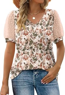 Women Summer T Shirt V-Neck Puff Sleeve Swiss Polka Dot Casual Loose T Shirts
