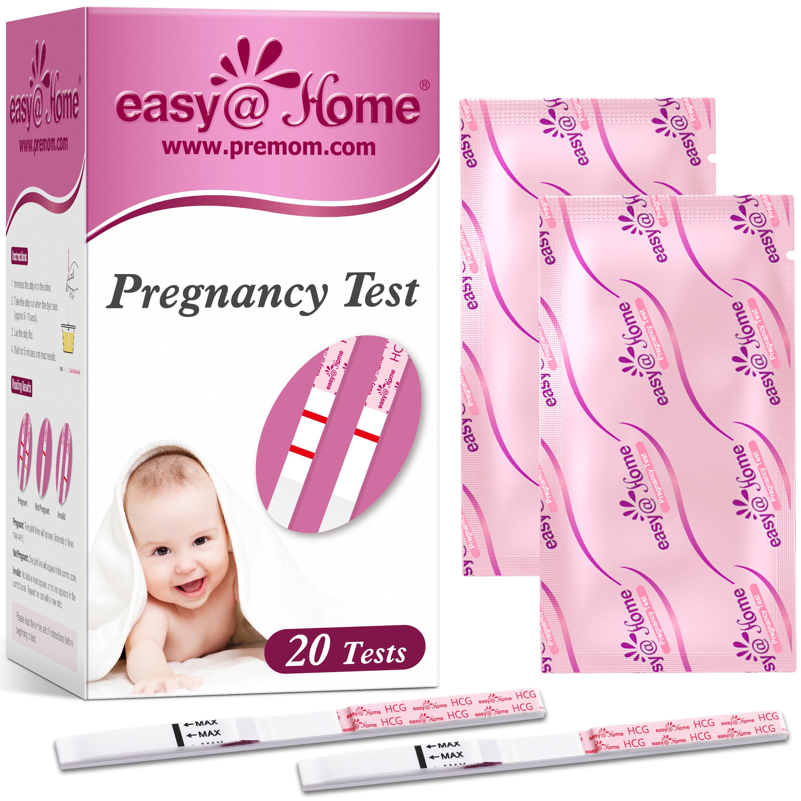 easy@Home Pregnancy Test Strips, 20 Pack with Premom App | Early Detection hCG T