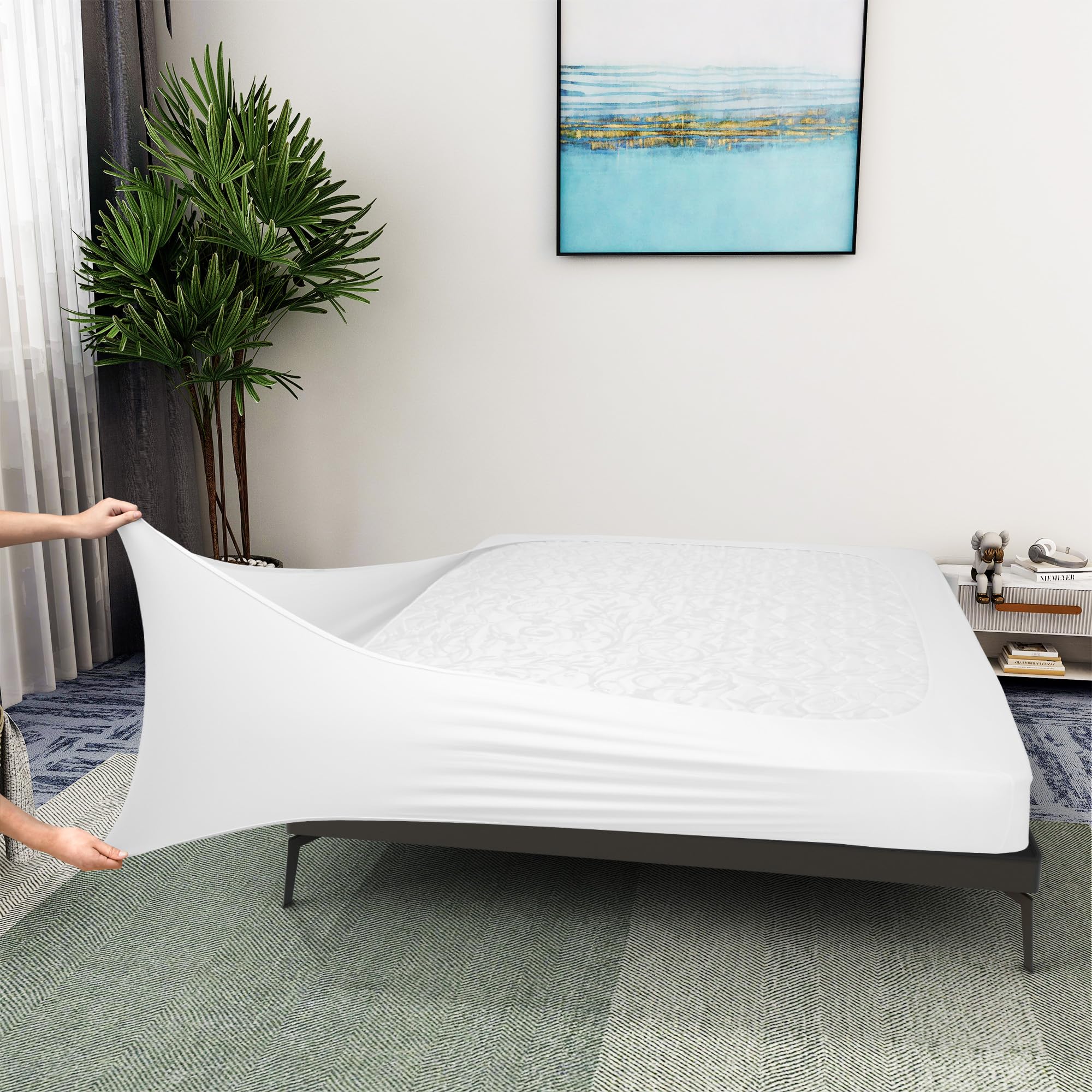 ALYVIA SPRING Queen Box Spring Cover Jersey Knit Stretchy, White | Snug Fit for 