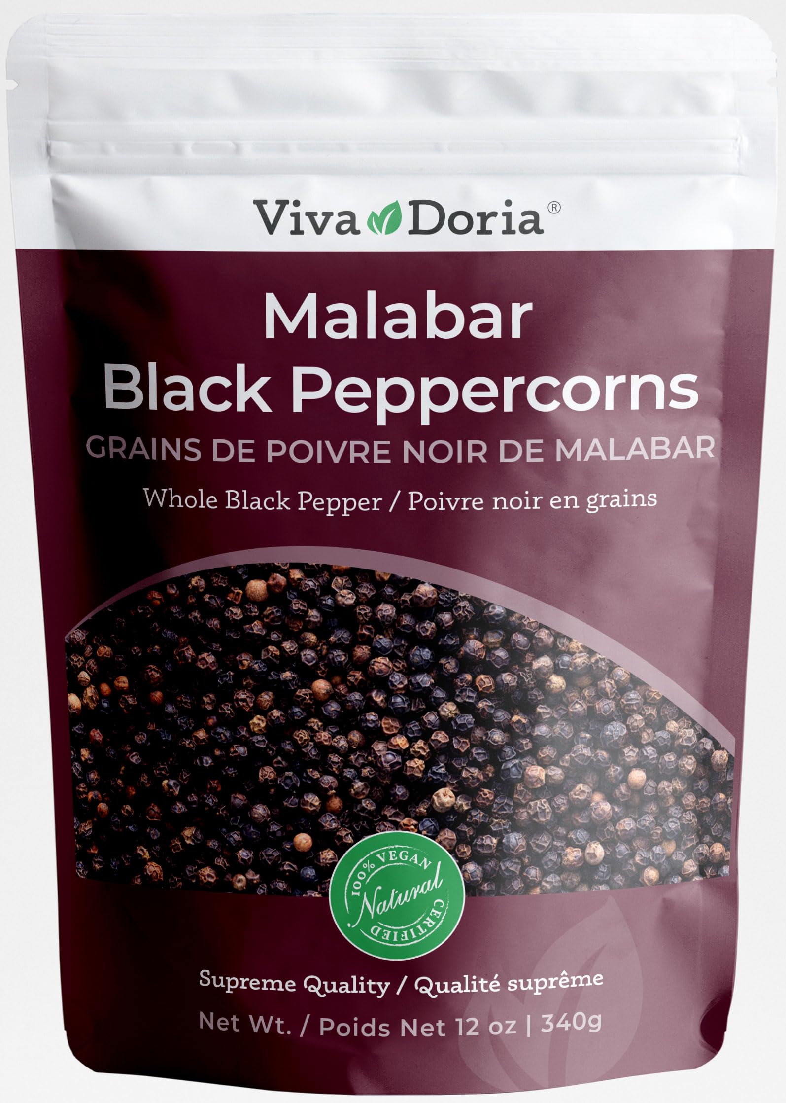 Viva Doria Malabar Peppercorn - Whole Black Pepper, 12 oz (340 g) For Grinder Re
