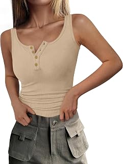 DUOEASE Women's Black Ribbed Tank Top with Buttons Round Neck T Shirt Women's Sleeveless -2XL