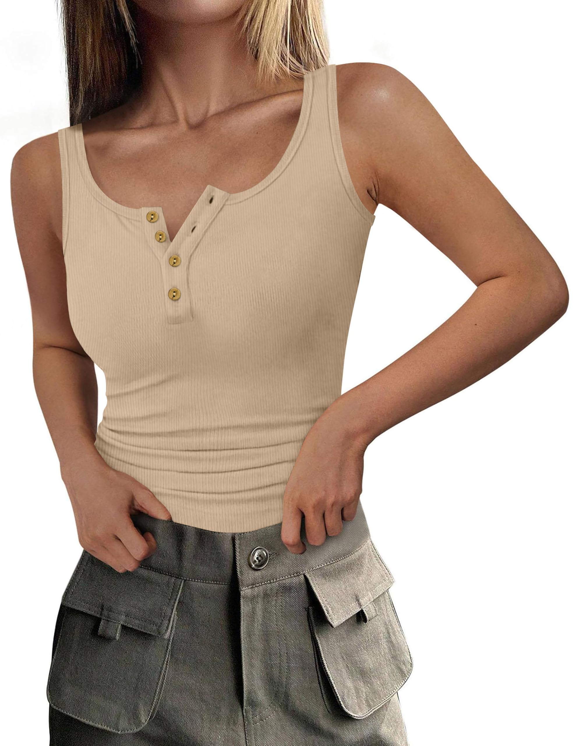 DUOEASE Women's Black Ribbed Tank Top with Buttons Round Neck T Shirt Women's Sl