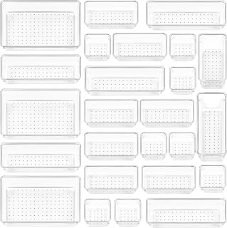 Vtopmart 25 PCS Clear Plastic Drawer Organizers Set, 4-Size Versatile Bathroom and Vanity Drawer Organizer Trays, Storage Bins for Makeup, Bedroom, Kitchen Gadgets Utensils and Office