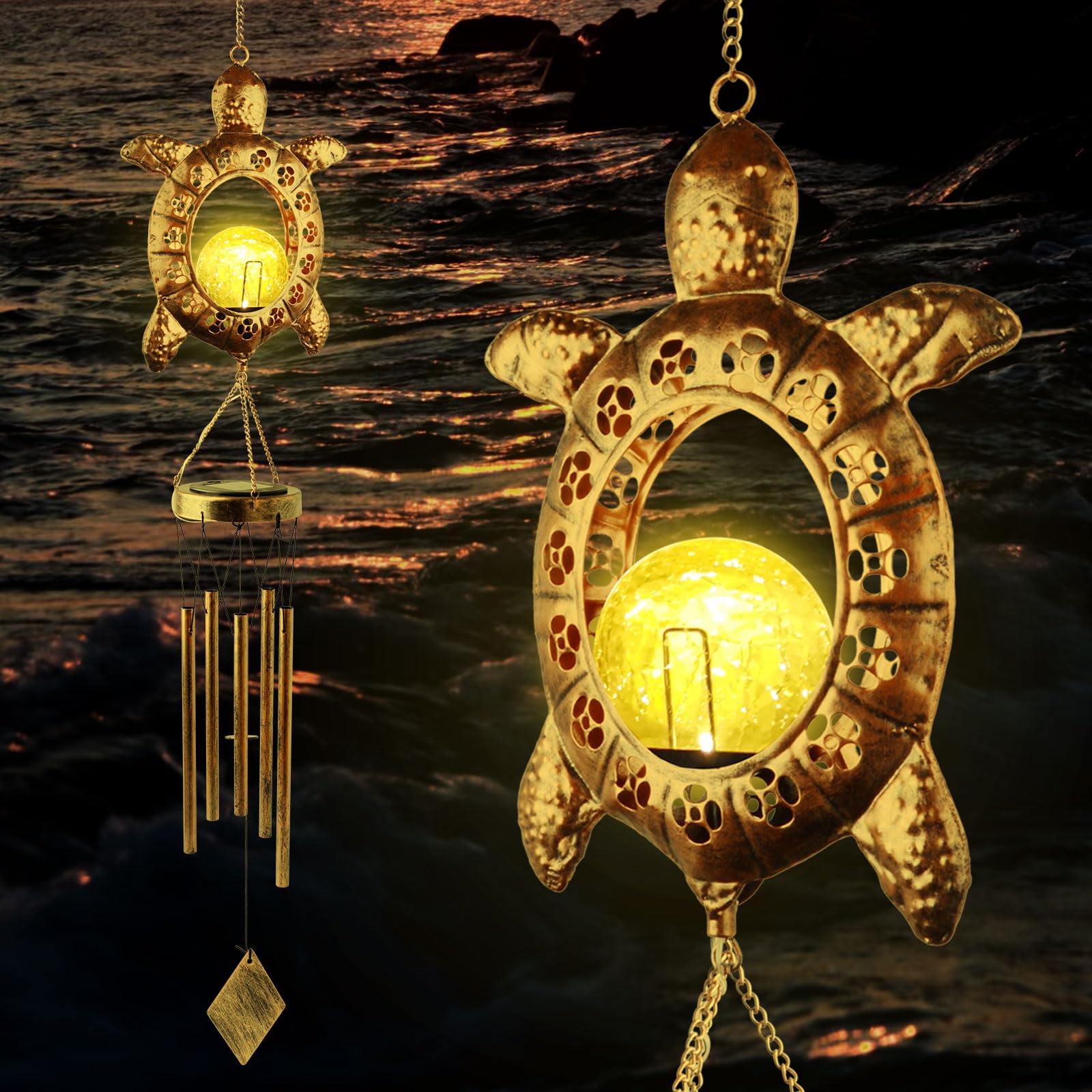 Solar Turtle Wind Chimes, Tortoise Light Wind Chime Outdoor, Beach Wind Chime, G