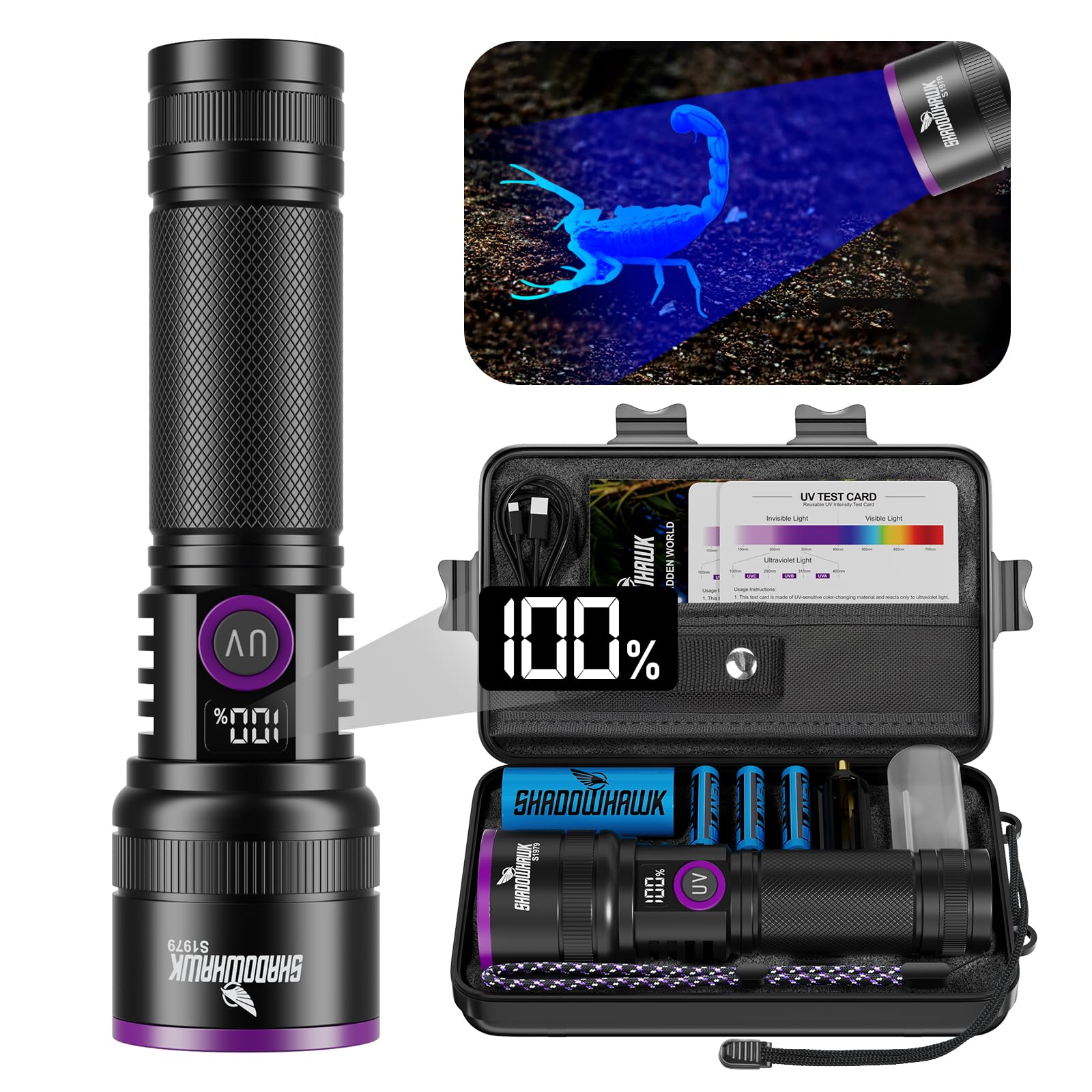 Shadowhawk 365nm UV Torch, 30W Black Light 4-Core with Filter Lens | Rechargeabl