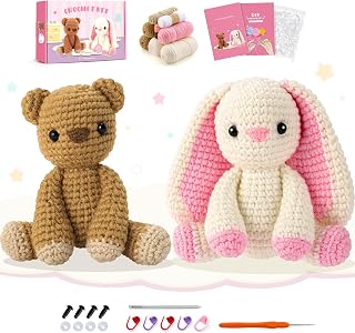 Bunny and Bear Crochet Kit for Beginners 2PCS Crochet Starter Kit for Adult | Beginner Crochet Kit with Step-by-Step Video Tutorials, Bunny Crocheting Kit, Animal Knitting Kit for Birthday