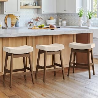 Cozyman Bar Stools Set of 3, Barstools with Sturdy Wood Legs, Saddle Seat Counter Height Bar Stools for Kitchen Counter, Bar, Dining, 24 Inch Farmhouse Counter Stools, Linen Fabric