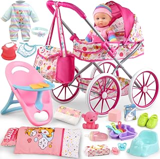 Baby Doll Stroller Set for Girls with 12.5" Baby Doll,Quilt Pillow,Dining Chair, 2 Sets Doll Clothes and 24 PCS Doll Accessories,Stroller Toys for Toddler Kids Ages 3 4 5 6 7 Gifts for Pretend Play