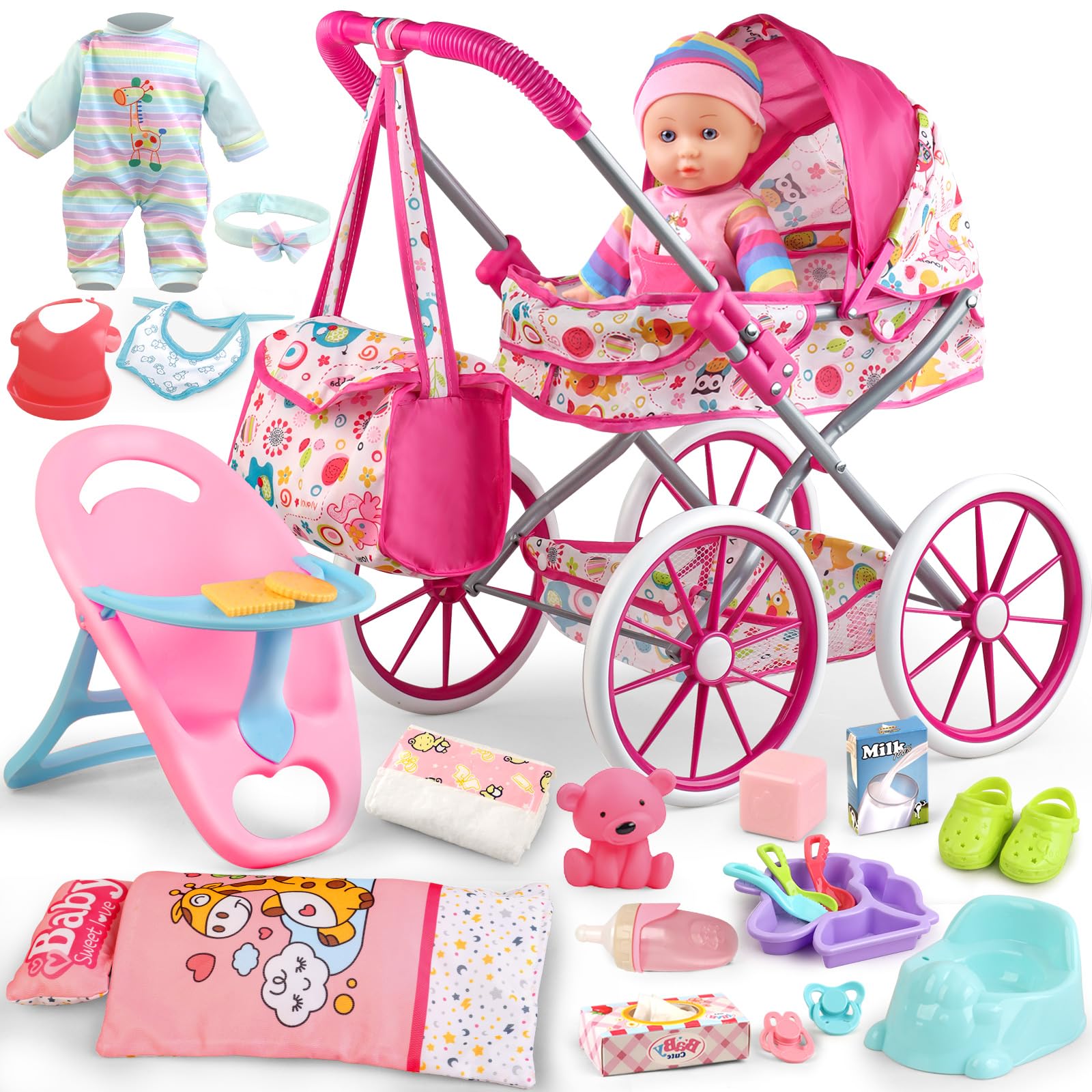Baby Doll Stroller Set for Girls with 12.5" Baby Doll,Quilt Pillow,Dining Chair,