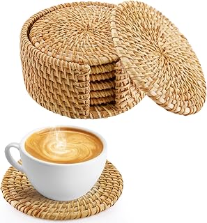 Handmade Nature Rattan Coasters Set of 6 with Holder, Fall Home Table Decor | Farmhouse Boho Coastal Drink Coaster, Kitchen/Living Room/Coffee Bar Accessories Decorations, House Warming Gifts New Home