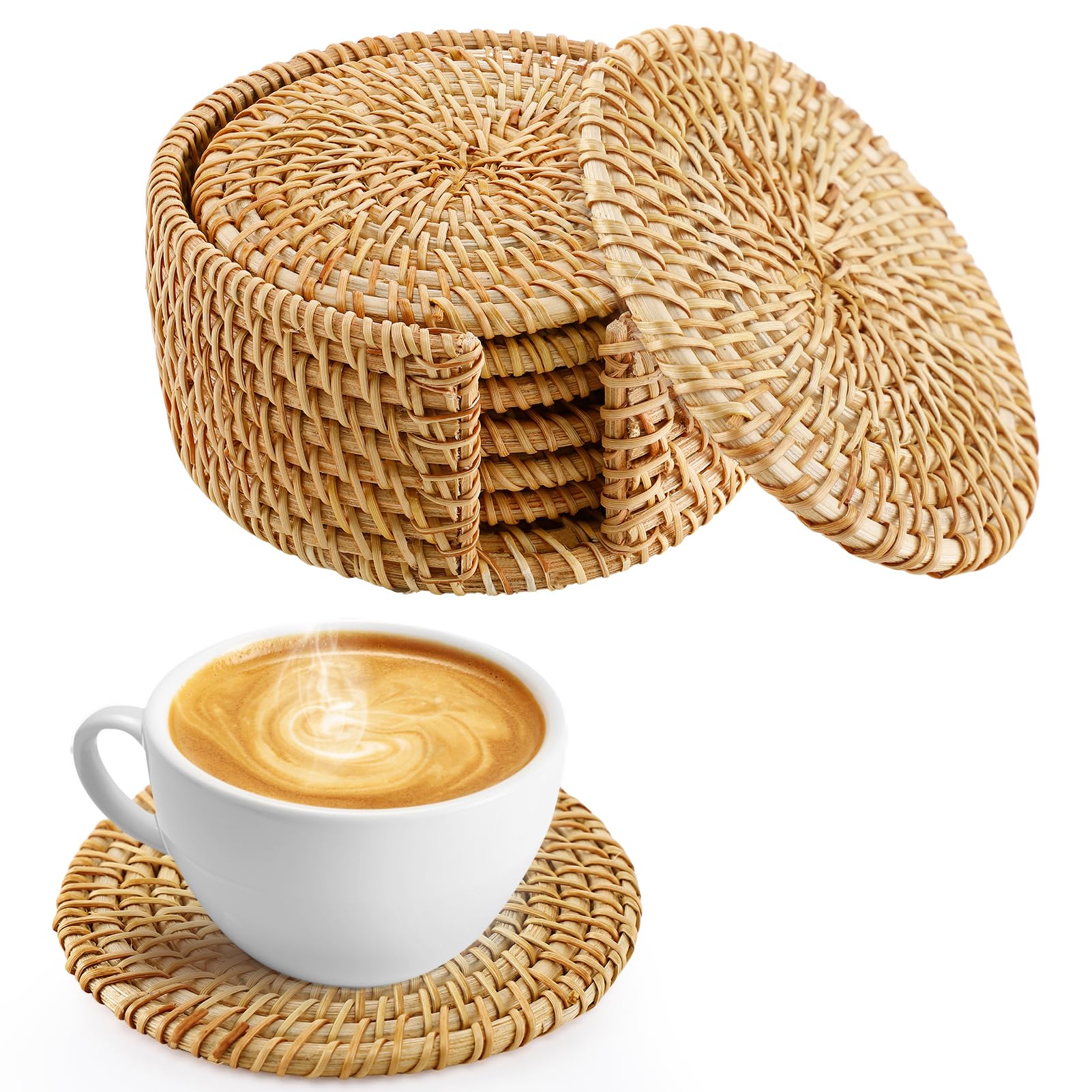 Handmade Nature Rattan Coasters Set of 6 with Holder, Fall Home Table Decor | Fa