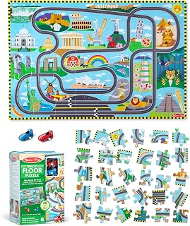 Melissa & Doug Race Around the World Floor Puzzle 48-Piece | 48 Wipe-Clean Puzzle Pieces, 3x2 Feet, 2 Wind-Up Toy Cars, Grooved Racetrack, Pretend Play, Preschool Toys for Kids, Ages 3+