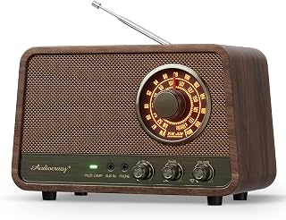 Audiocrazy Vintage Wood AM FM Bluetooth Radio,10W Powerful Sound, Espresso | Tabletop Retro Bluetooth Speaker, Amber-Glowing Dial, Bass Control, AUX & Headphone Jack, Vintage Decor for Office, Home