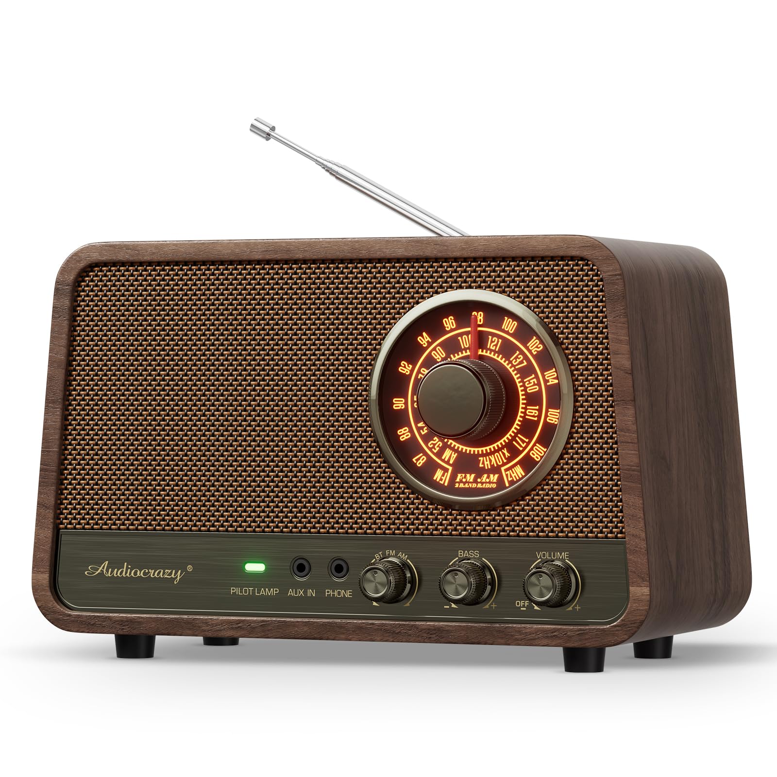 Audiocrazy Vintage Wood AM FM Bluetooth Radio,10W Powerful Sound, Espresso | Tab