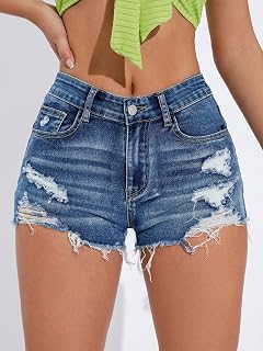 Women High Waist Distressed Denim Shorts Frayed Hem Ripped Jeans Shorts Summer Beach Vacation Everyday Wear