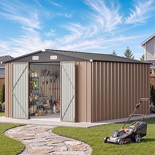 Aoxun 10x12 FT Outdoor Storage Shed with Lockable Double Door, Light Brown | Heavy Duty Galvanized Metal Shed with Sloped Roof, Aluminum Garden Shed with Vents,Large Capacity Storage Shed for Backyard