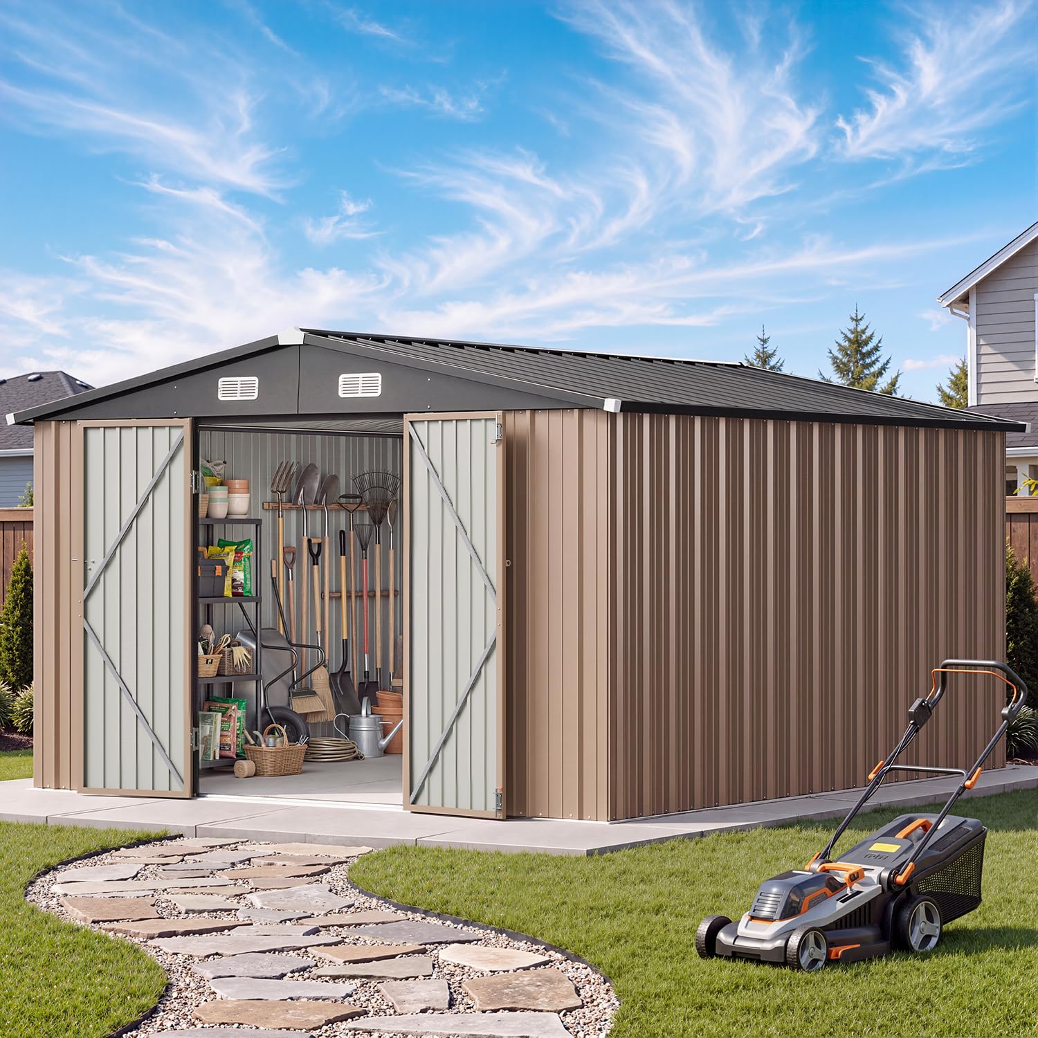 Aoxun 10x12 FT Outdoor Storage Shed with Lockable Double Door, Light Brown | Hea