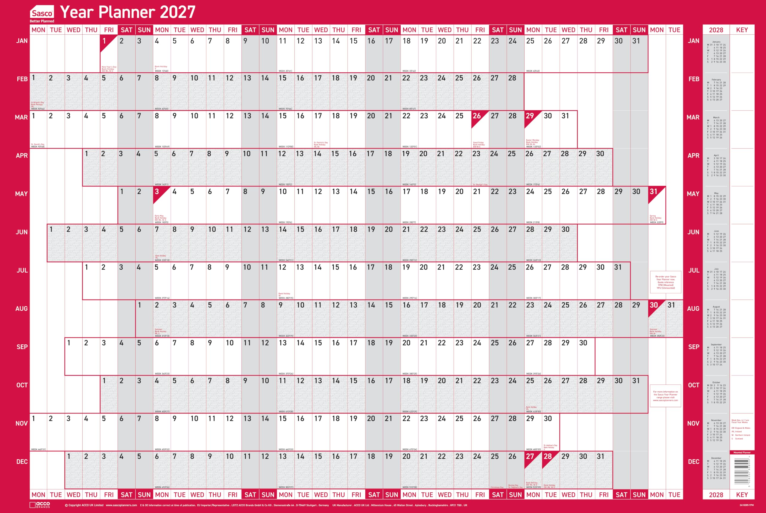 Sasco 2027 Original Year Wall Planner with wet wipe pen, pack of 378 stickers & 