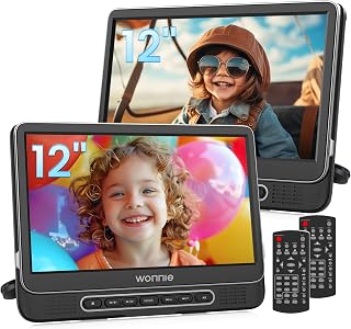 WONNIE 12" Dual Car DVD Players Portable DVD Players for Car Headrest Play the Same or Two Different Movies with 5-Hour Rechargeable Battery, Mounting Brackets, All Regions, Support USB/Sync TV