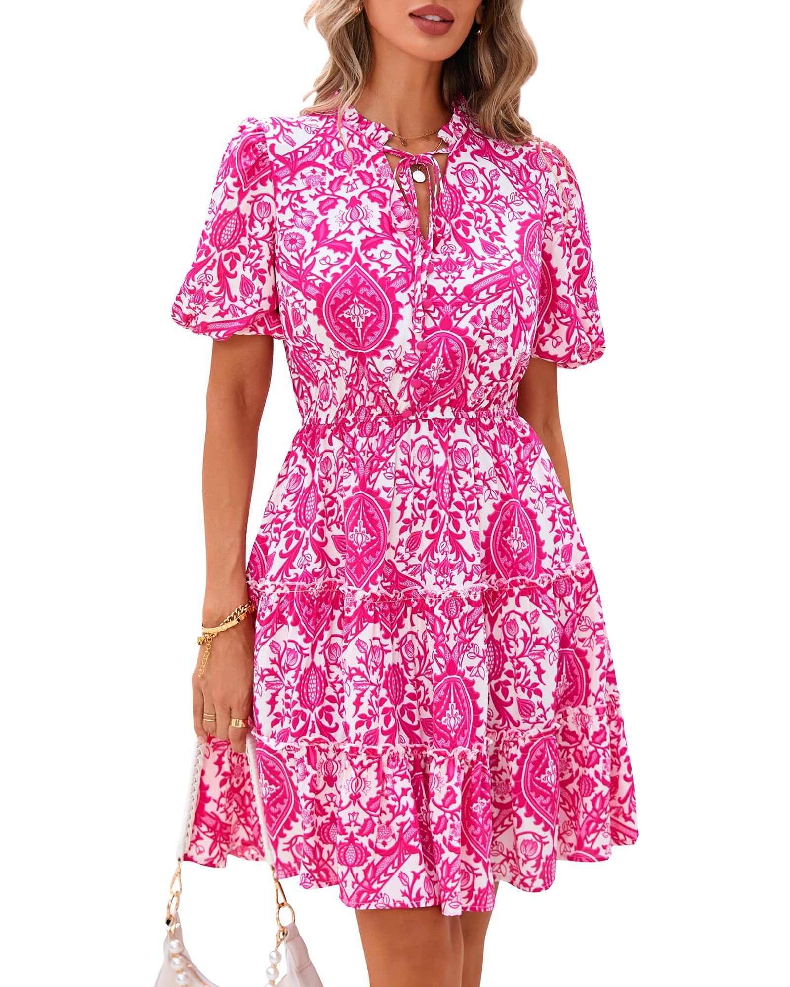 BTFBM Women Summer Floral Short Dresses V Neck Short Sleeve Tiered Ruffle Boho S