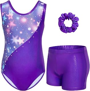 Gogokids Girls Three Piece Sleeveless Gymnastics Set with Shorts, Sparkly Gymnastics Outfits for Kids with Rhinestones and Cross Design, Ballet Jumpsuits Age 3-12