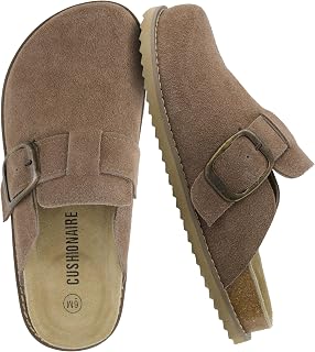 CUSHIONAIRE Women's Blain Genuine Suede Slip-On Clogs with + Memory Foam & Chic Buckle Mule - Comfortable, Non-Slip, Wide Widths Available, Taupe Suede, 8.5