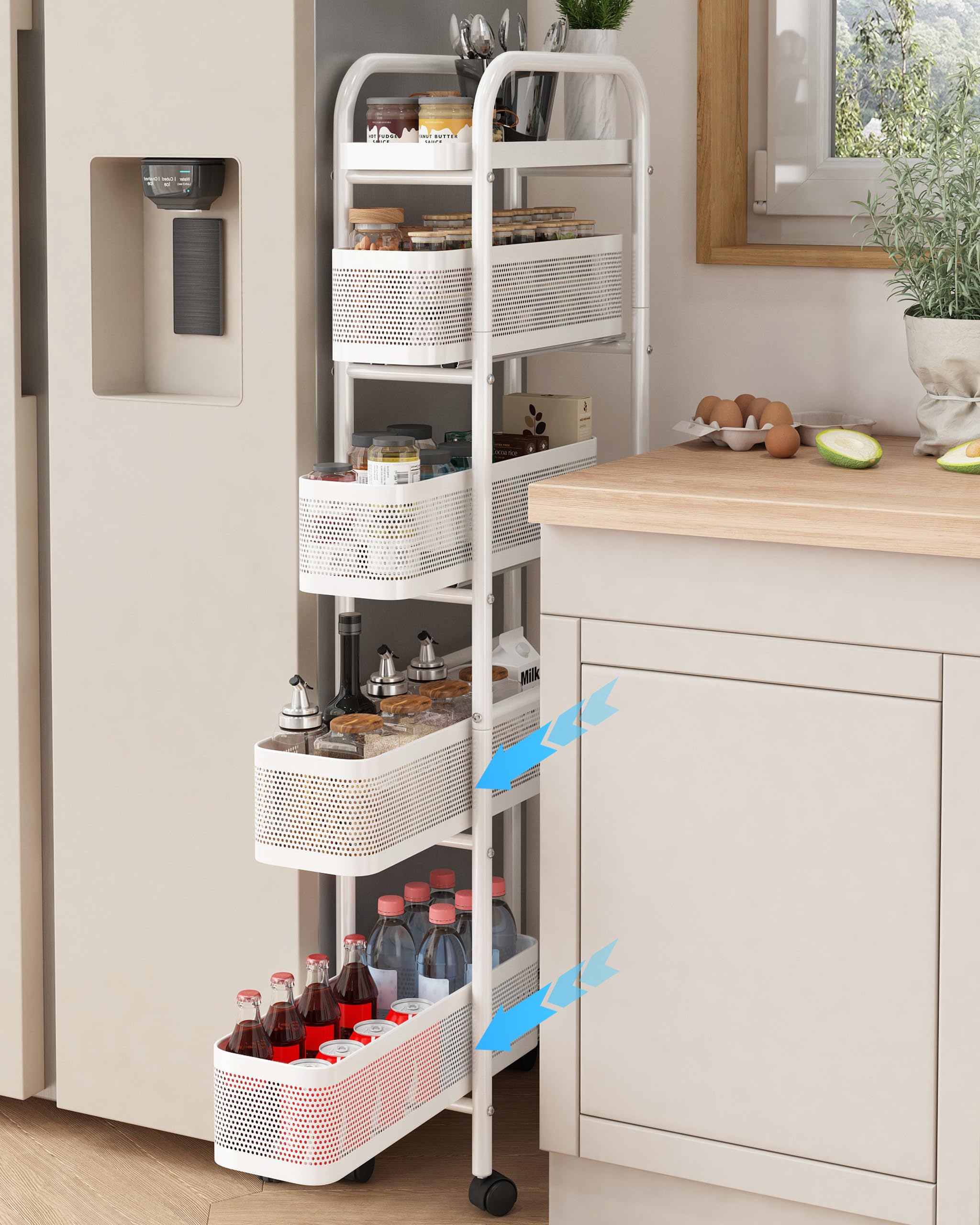 UMDONX Metal Storage Cart Slim 5 Tier with Pull Out Drawer Basket | Rolling Kitc
