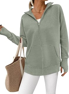 PRETTYGARDEN Autumn 2025 Women Cardigan Long Sleeve Zip Casual Sweaters Loose Collar Ribbed Tops Jackets Thumb Hole