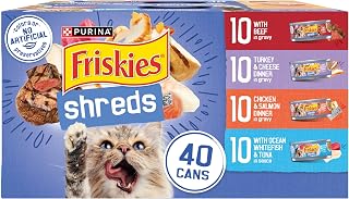 Purina Friskies Wet Cat Food Variety Pack, Shreds, 40 Pack 5.5 oz Cans | Beef, turkey and cheese, chicken and salmon, and ocean whitefish and tuna recipes in savory gravy