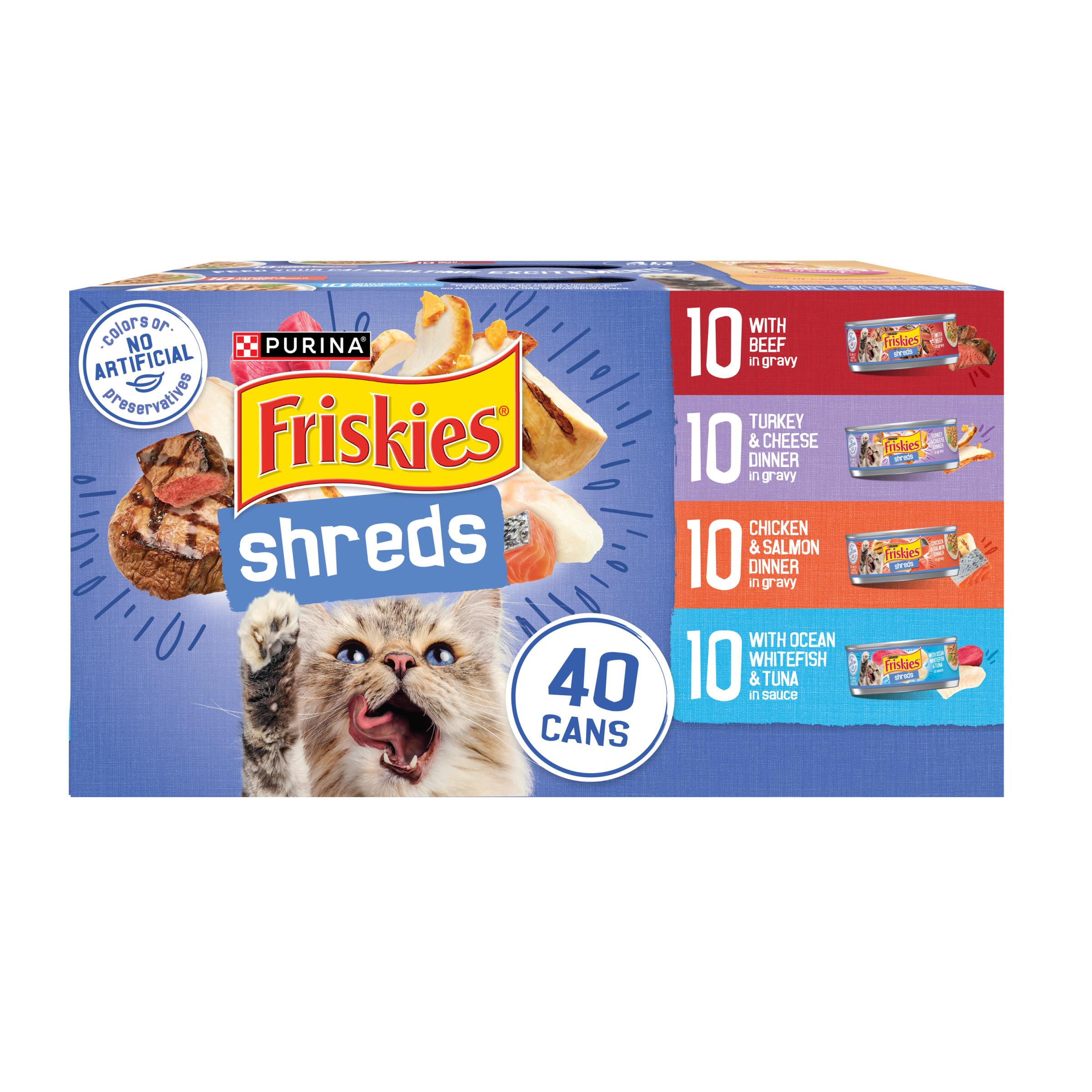 Purina Friskies Wet Cat Food Variety Pack, Shreds, 40 Pack 5.5 oz Cans | Beef, t