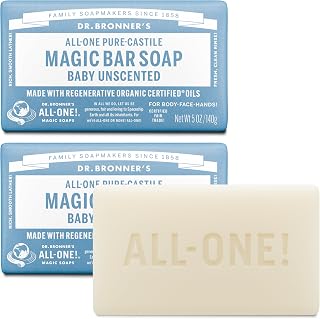 Dr. Bronner's Pure-Castile Bar Soap, Baby Unscented, 5 oz, 2-Pack | Moisturizing Body, Face & Hand Wash for Sensitive Skin, Smooth Rich Lather - Vegan, Non-GMO, Natural & Organic Certified Oils