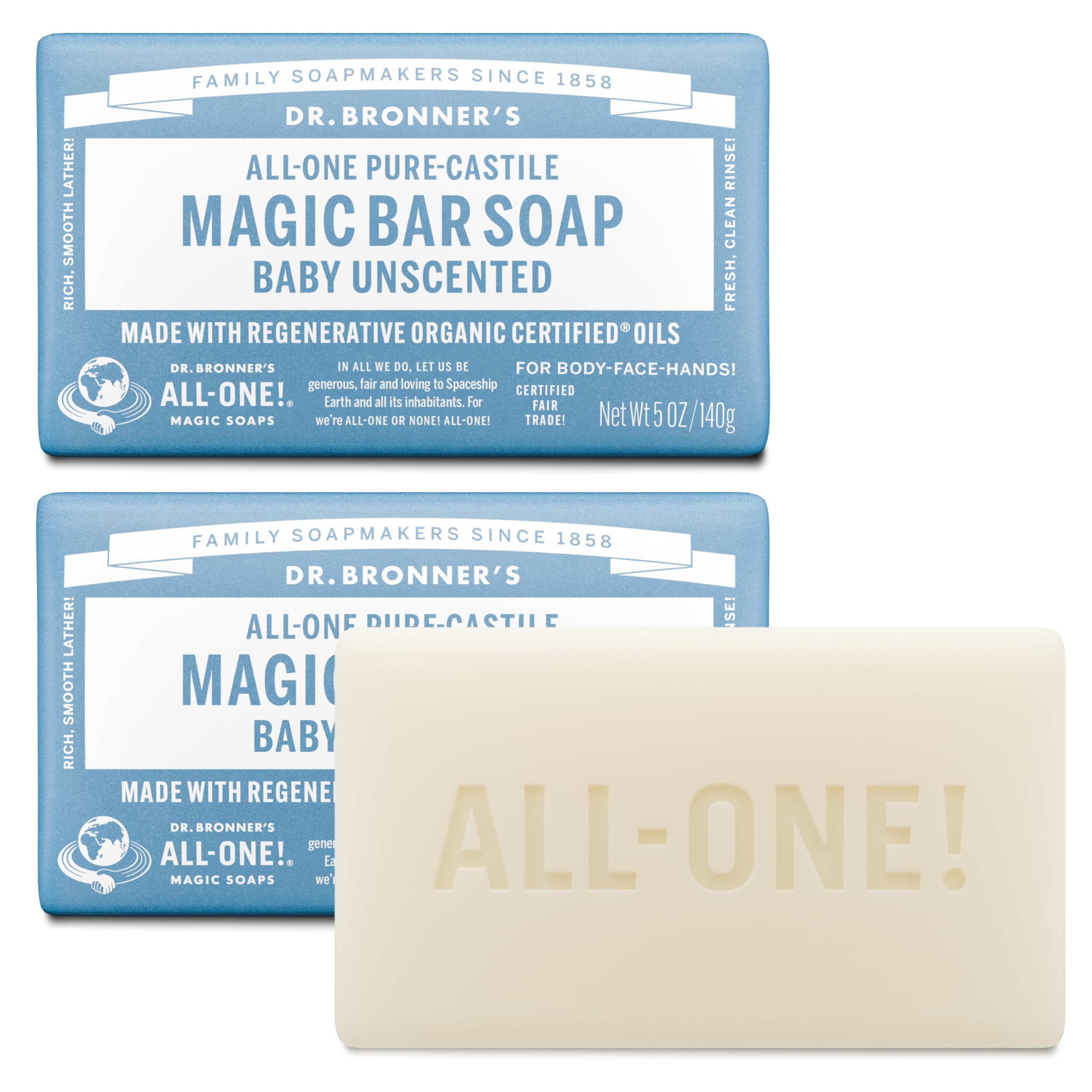 Dr. Bronner's Pure-Castile Bar Soap, Baby Unscented, 5 oz, 2-Pack | Moisturizing